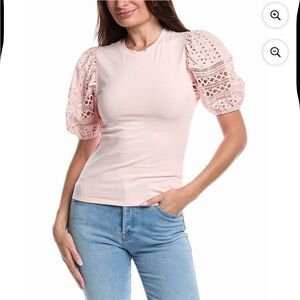 French Connection chalk pink tee shirt eyelet puff sleeves top size Small